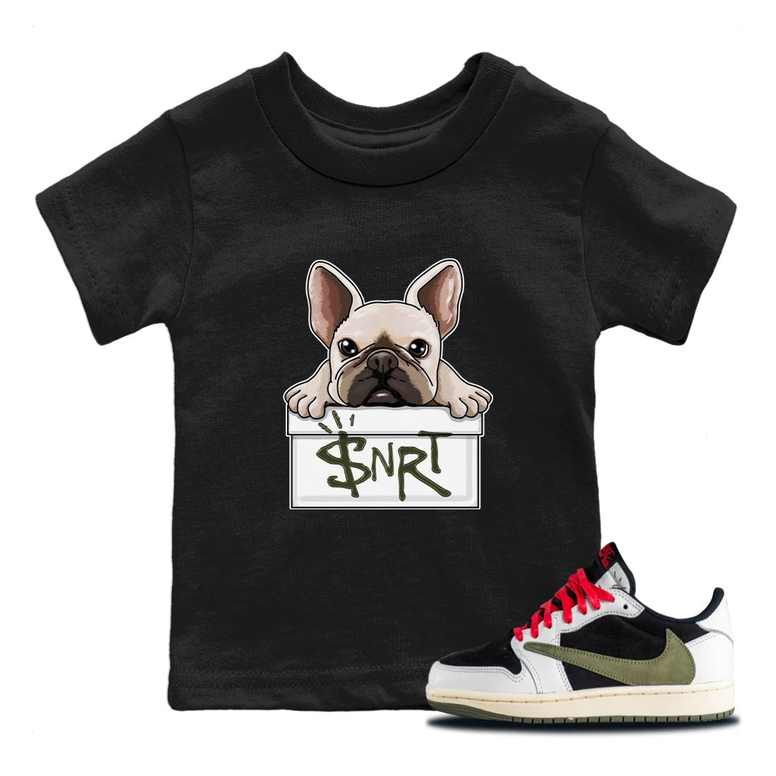 French Bulldog Kids Tops - Air Jordan 1 Travis Scott Olive