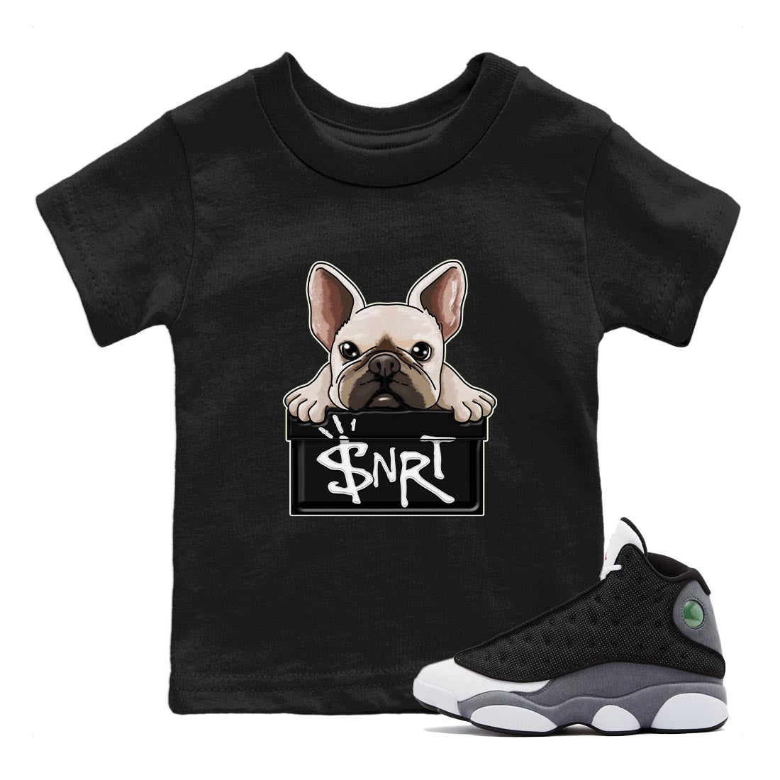 French Bulldog Kids Tops - Air Jordan 13 Black Flint