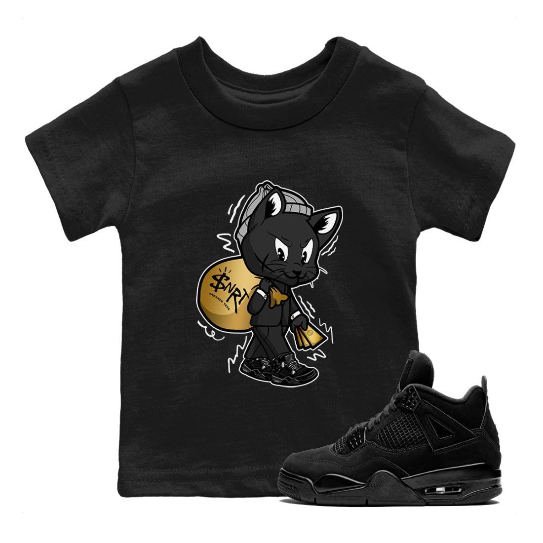 Gangster Cat snkmatch Tees Kids - Air Jordan 4 Black Cat