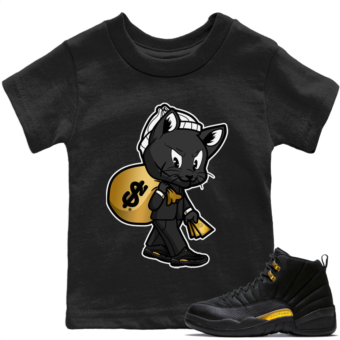 Gangster Cat Kids Tops - Air Jordan 12 Black Taxi
