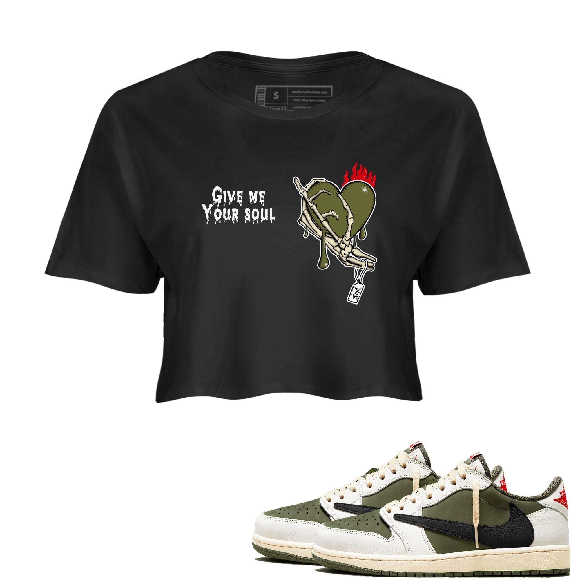 Give Me Your Soul snkmatch Women's Top - Air Jordan 1 Travis Scott Medium Olive