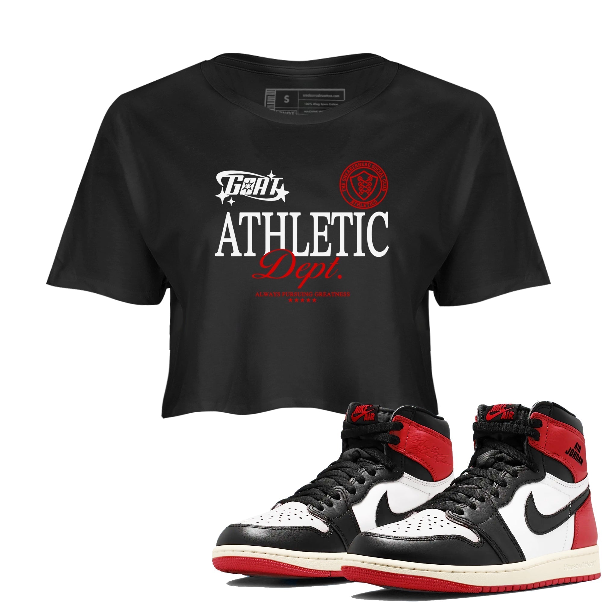 Goat Athletic Dept snkmatch Women's Top - Air Jordan 1 Black Toe Reimagined