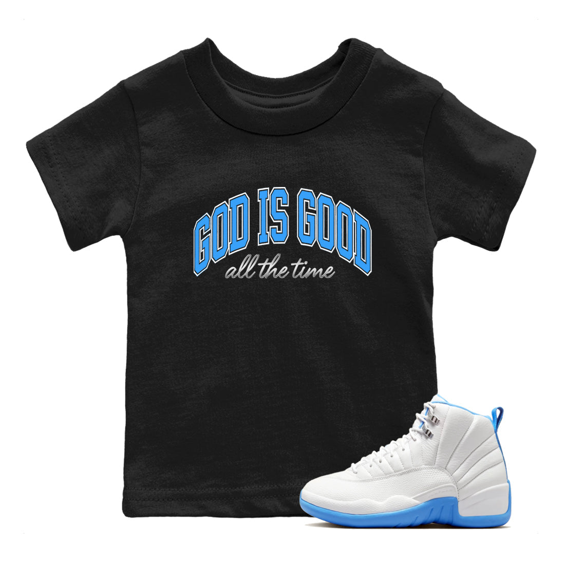 God Is Good snkmatch Tees Kids - Air Jordan 12 White and University Blue