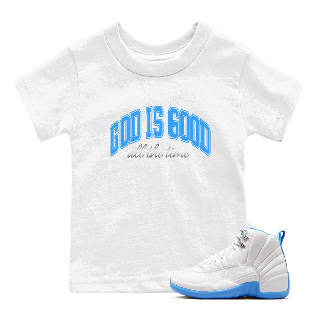 God Is Good snkmatch Tees Kids - Air Jordan 12 White and University Blue
