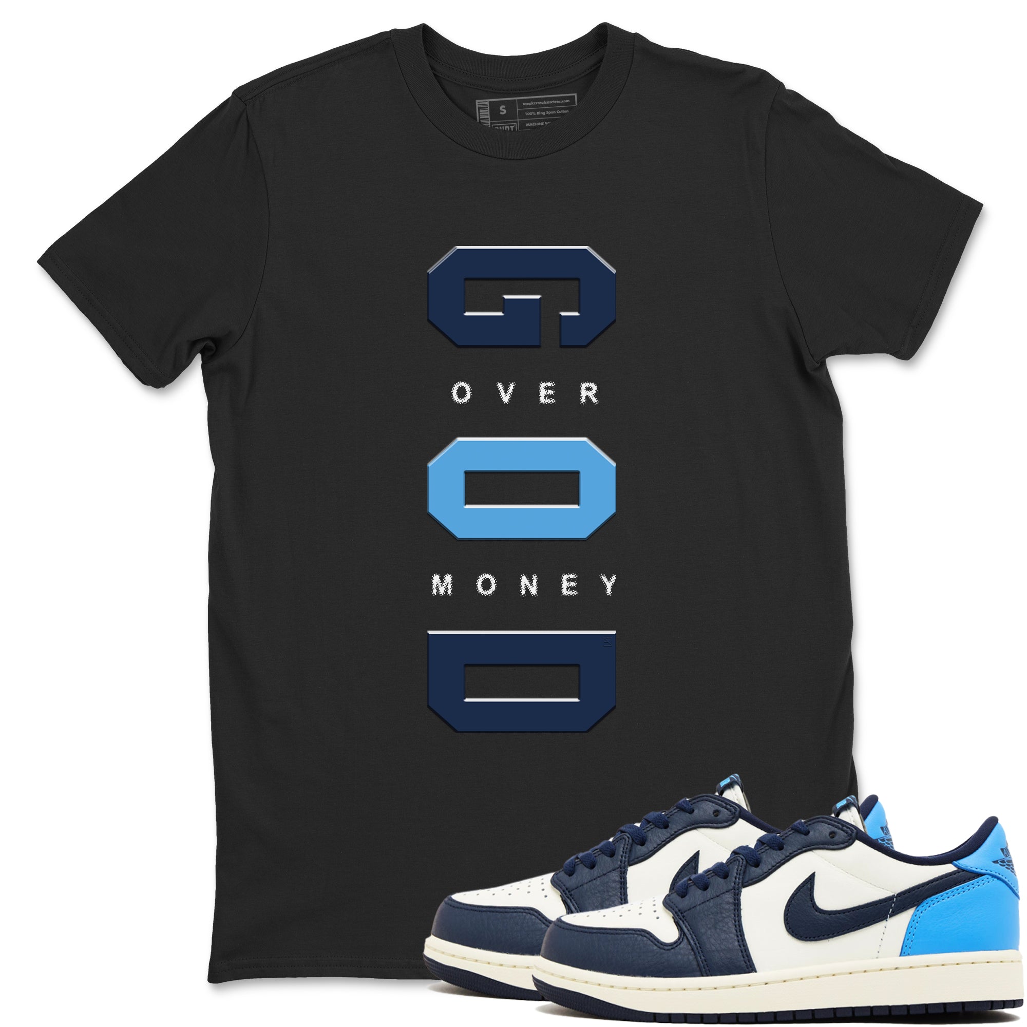 God Over Money snkmatch Tees - Air Jordan 1 Low OG Obsidian
