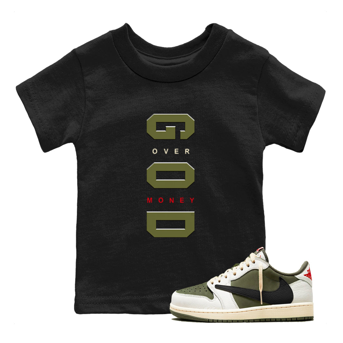 God Over Money snkmatch Tees Kids - Air Jordan 1 Travis Scott Medium Olive
