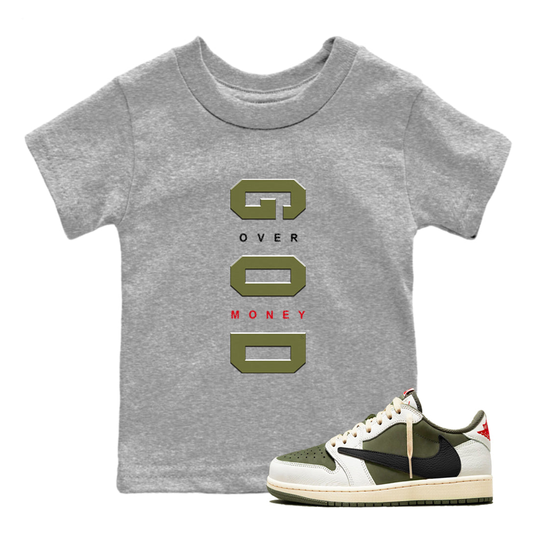 God Over Money snkmatch Tees Kids - Air Jordan 1 Travis Scott Medium Olive