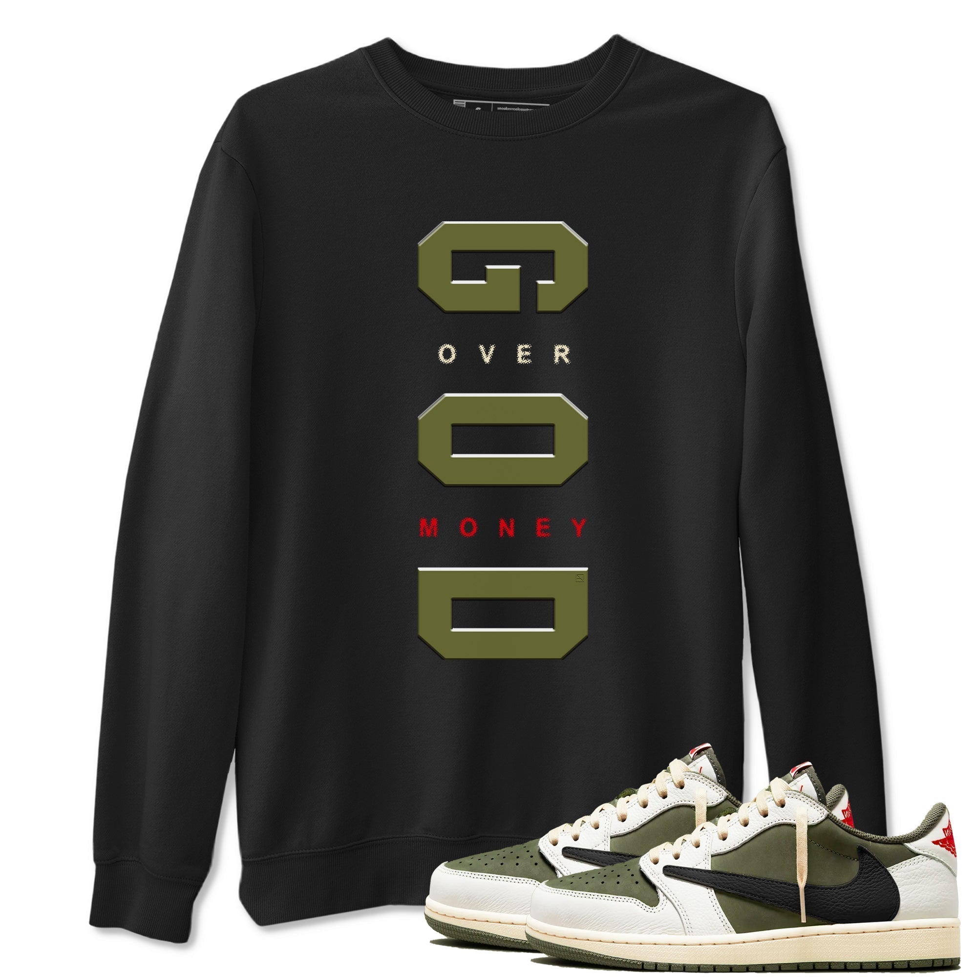 God Over Money snkmatch Tees - Air Jordan 1 Travis Scott Medium Olive