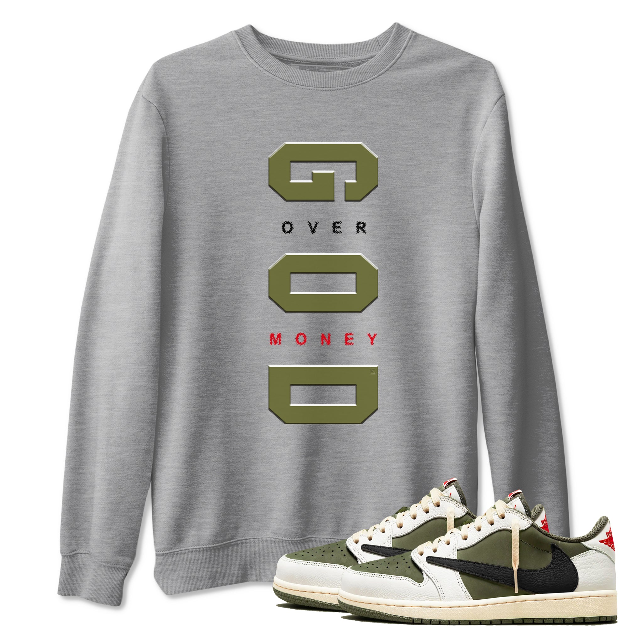 God Over Money snkmatch Tees - Air Jordan 1 Travis Scott Medium Olive