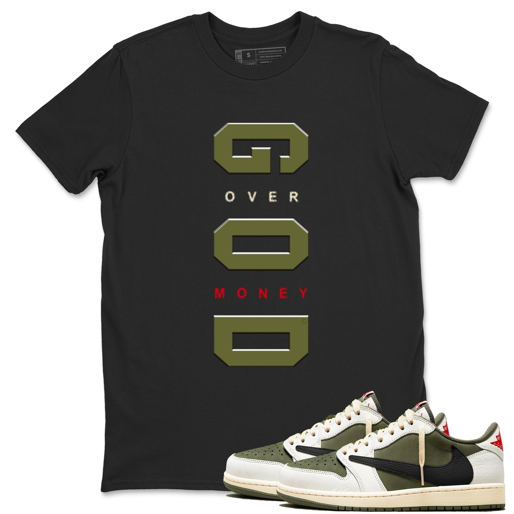 God Over Money snkmatch Tees - Air Jordan 1 Travis Scott Medium Olive