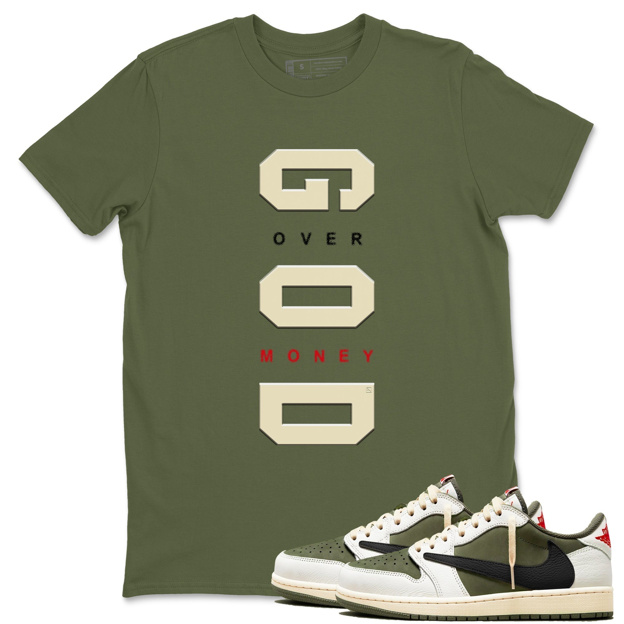 God Over Money snkmatch Tees - Air Jordan 1 Travis Scott Medium Olive