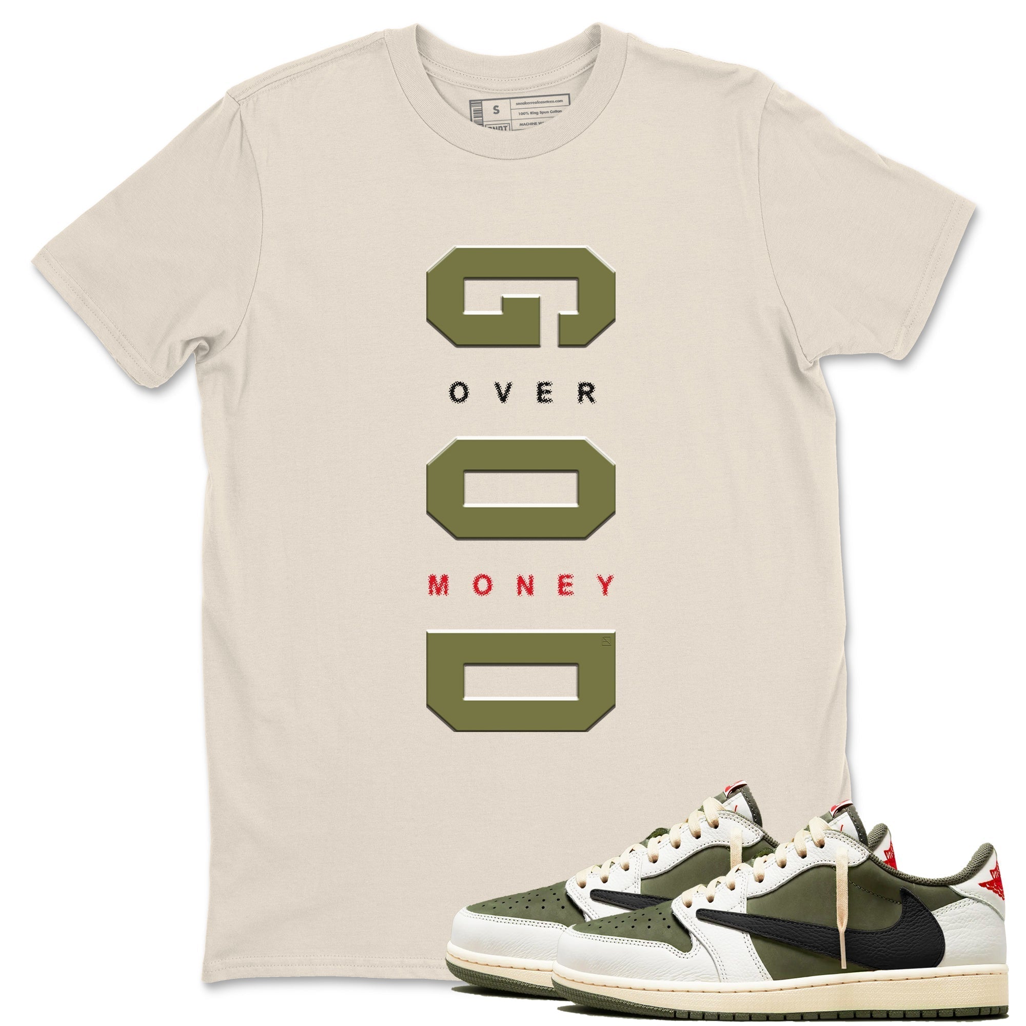 God Over Money snkmatch Tees - Air Jordan 1 Travis Scott Medium Olive