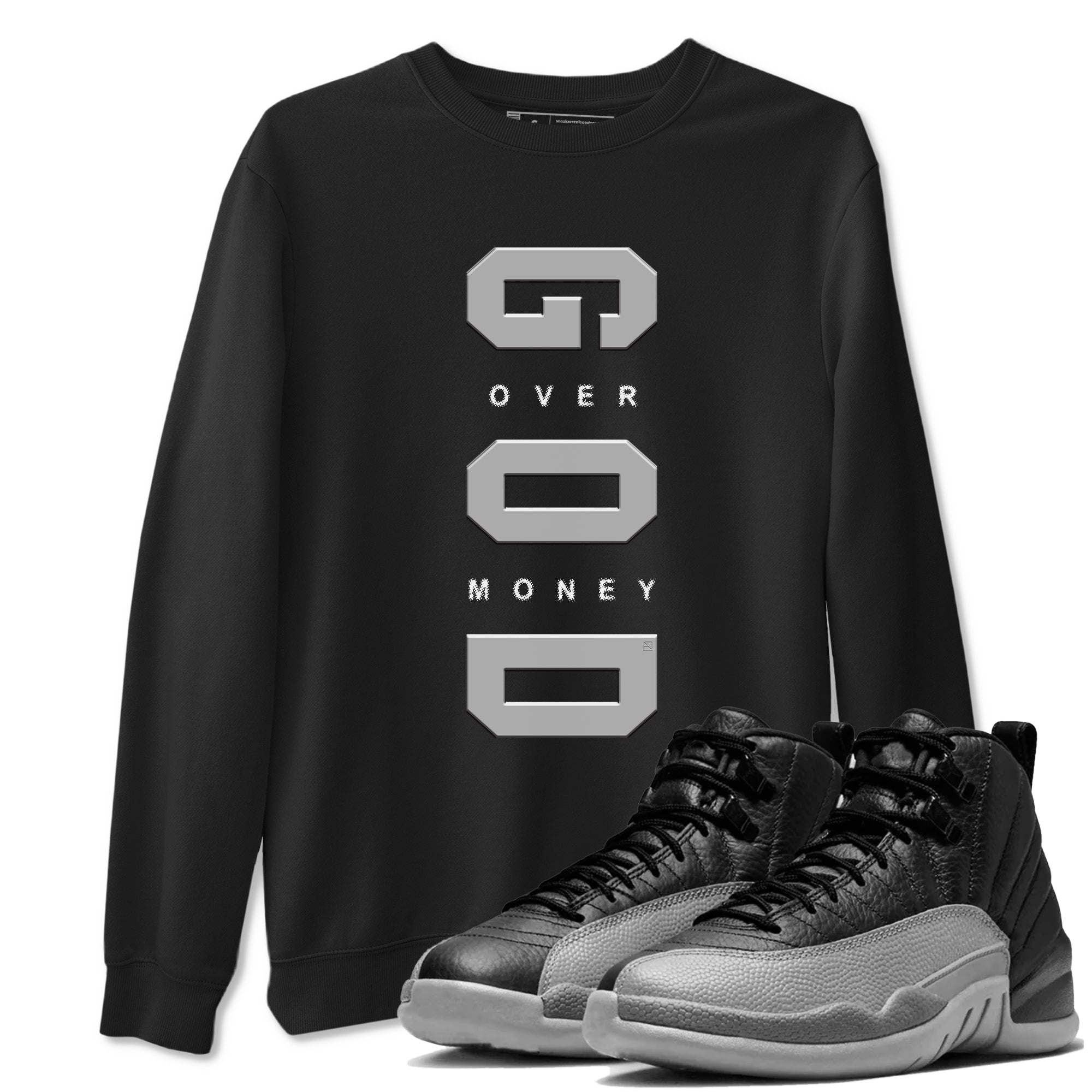 God Over Money snkmatch Tees - Air Jordan 12 Black Wolf Grey