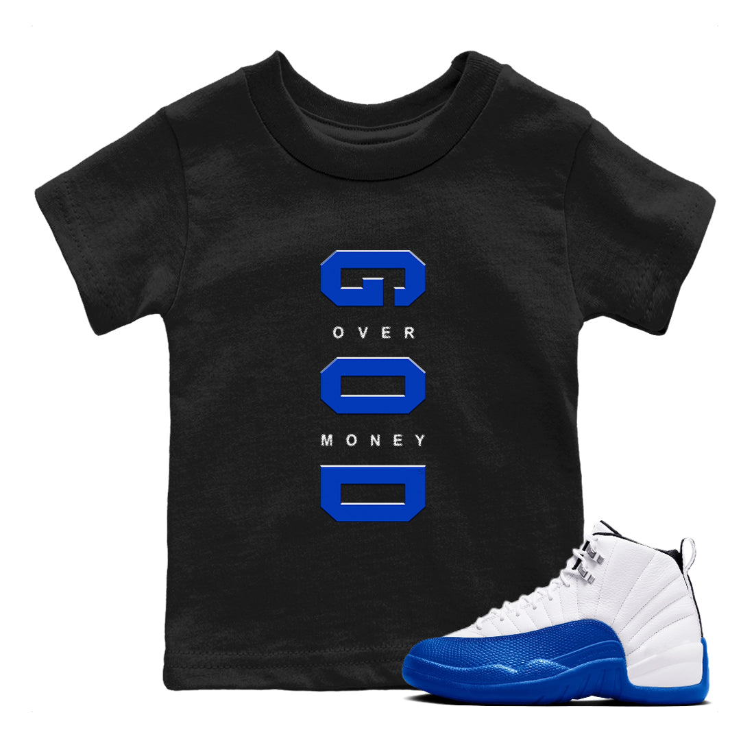 God Over Money snkmatch Tees Kids - Air Jordan 12 Blueberry