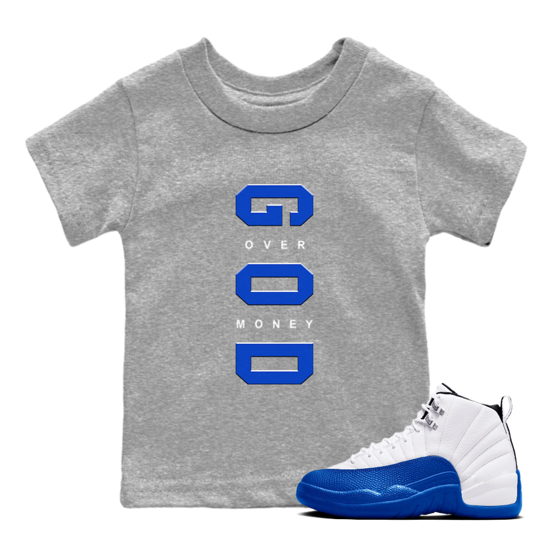 God Over Money snkmatch Tees Kids - Air Jordan 12 Blueberry