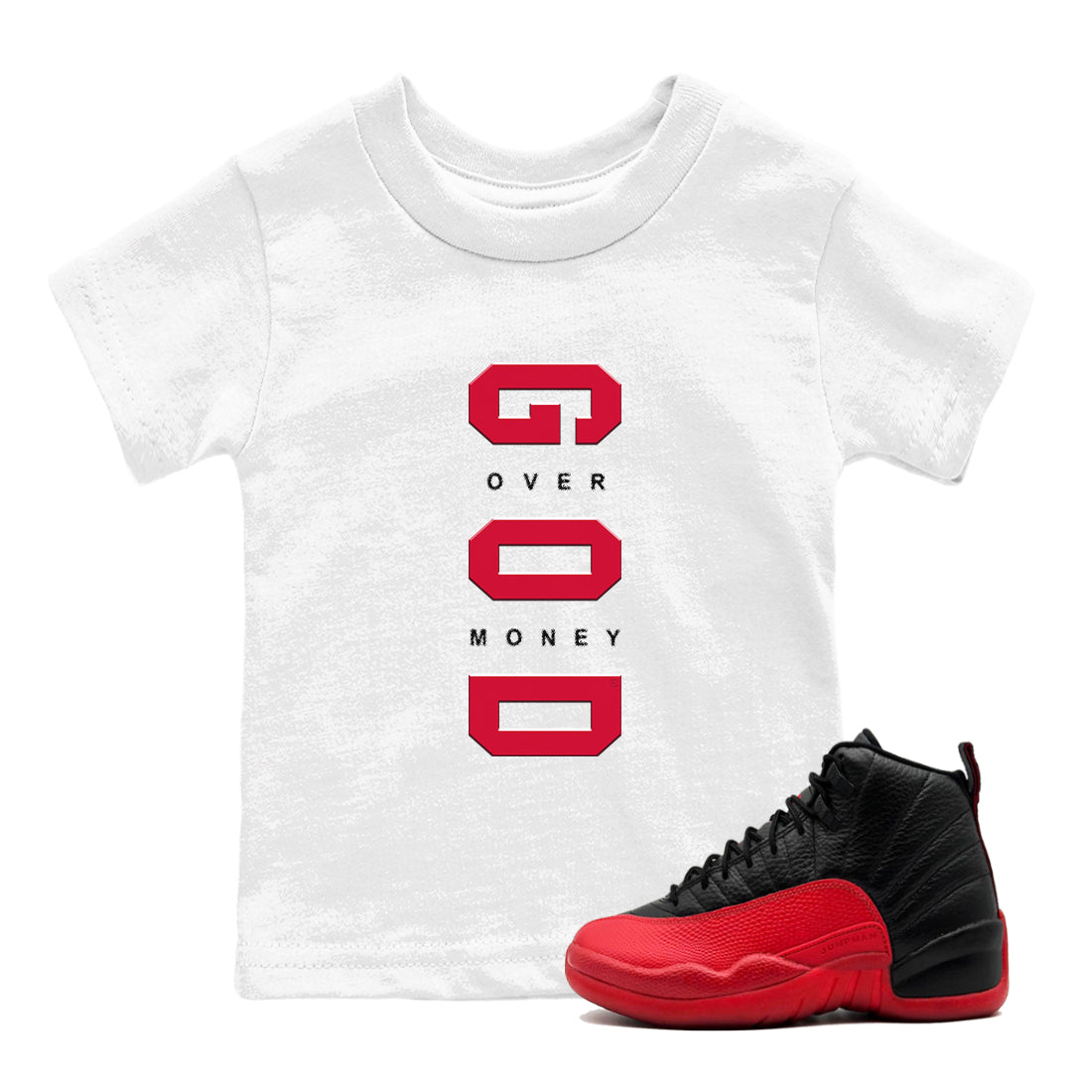 God Over Money snkmatch Tees Kids - Air Jordan 12 Flu Game