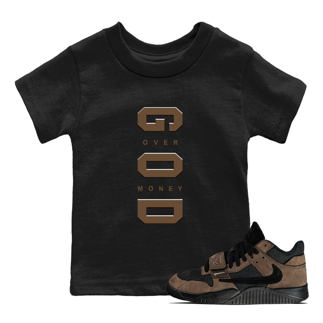 God Over Money snkmatch Tees Kids - Jordan Jumpman Jack Travis Scott Dark Mocha