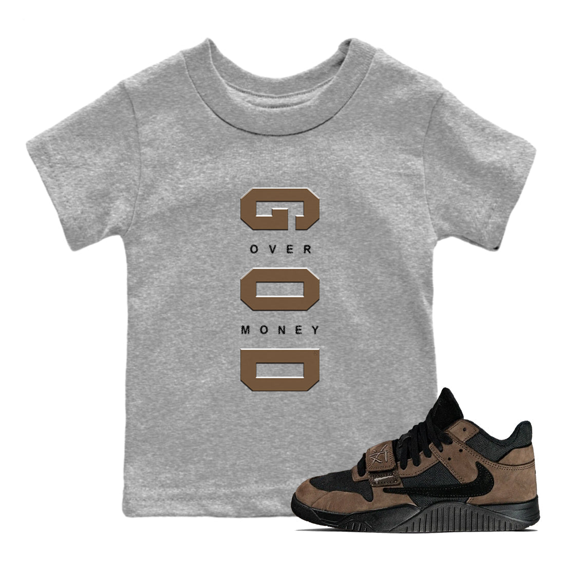 God Over Money snkmatch Tees Kids - Jordan Jumpman Jack Travis Scott Dark Mocha
