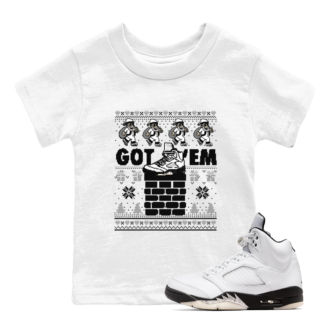 Got' em Santa snkmatch Tees Kids - Air Jordan 5 White Black