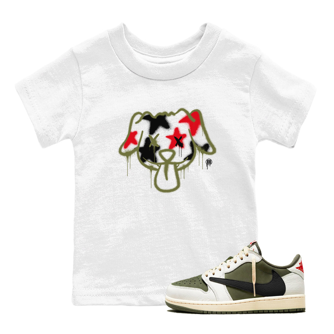 Graffiti Dog snkmatch Tees Kids - Air Jordan 1 Travis Scott Medium Olive