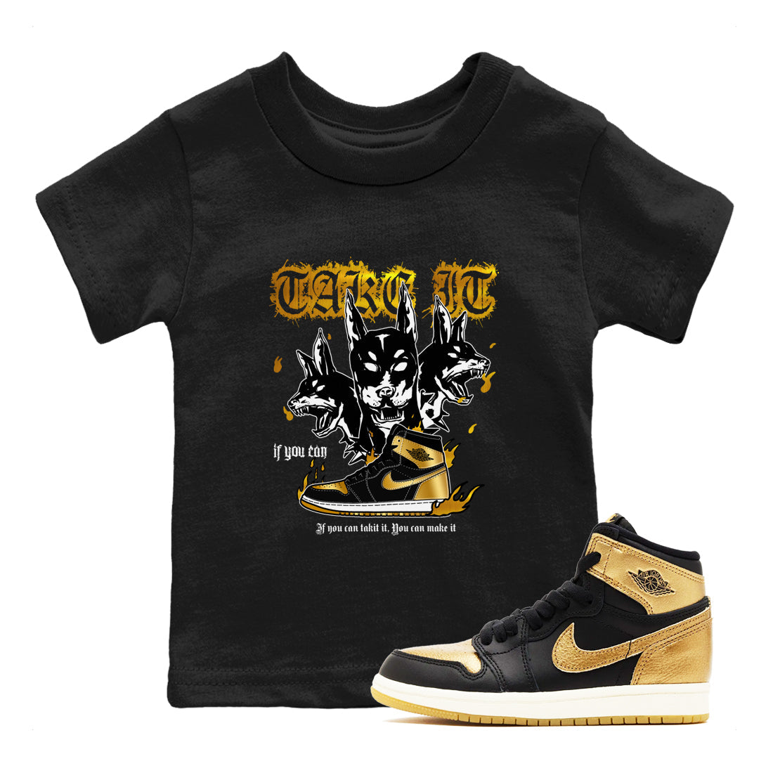 Hell Hounds snkmatch Tees Kids - Air Jordan 1 Black Metallic Gold