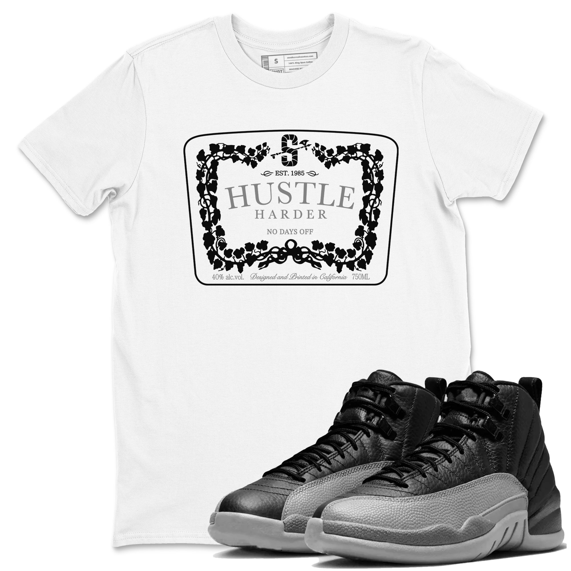Hustle Harder snkmatch Tees - Air Jordan 12 Black Wolf Grey