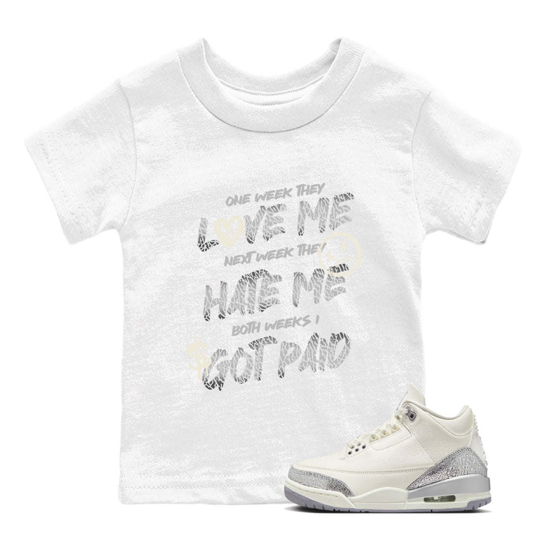 I Got Paid snkmatch Tees Kids - Air Jordan 3 Sail and Cement Grey