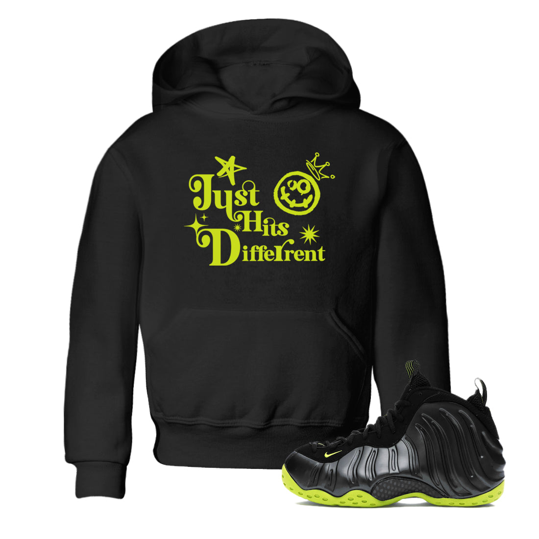 Just Hits Different snkmatch Tees Kids - Air Foamposite One Black Volt