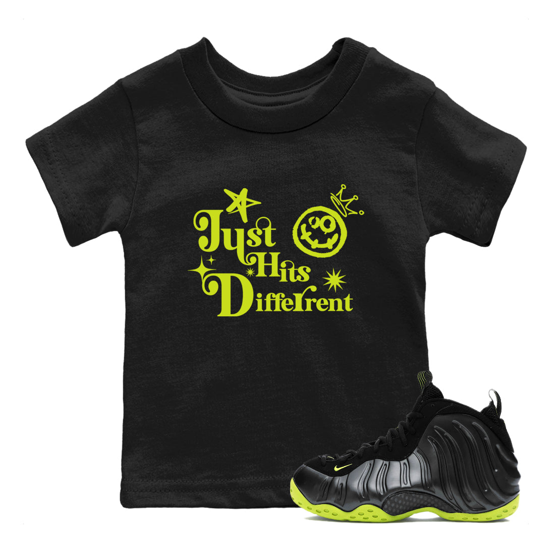 Just Hits Different snkmatch Tees Kids - Air Foamposite One Black Volt