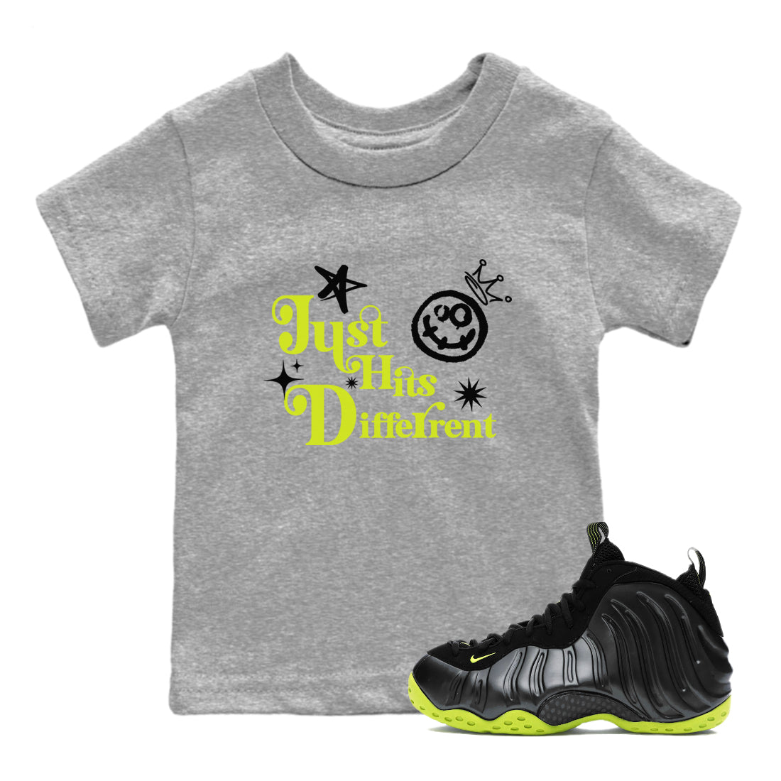 Just Hits Different snkmatch Tees Kids - Air Foamposite One Black Volt