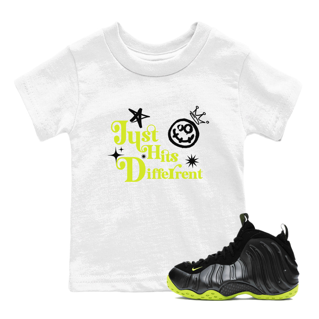 Just Hits Different snkmatch Tees Kids - Air Foamposite One Black Volt