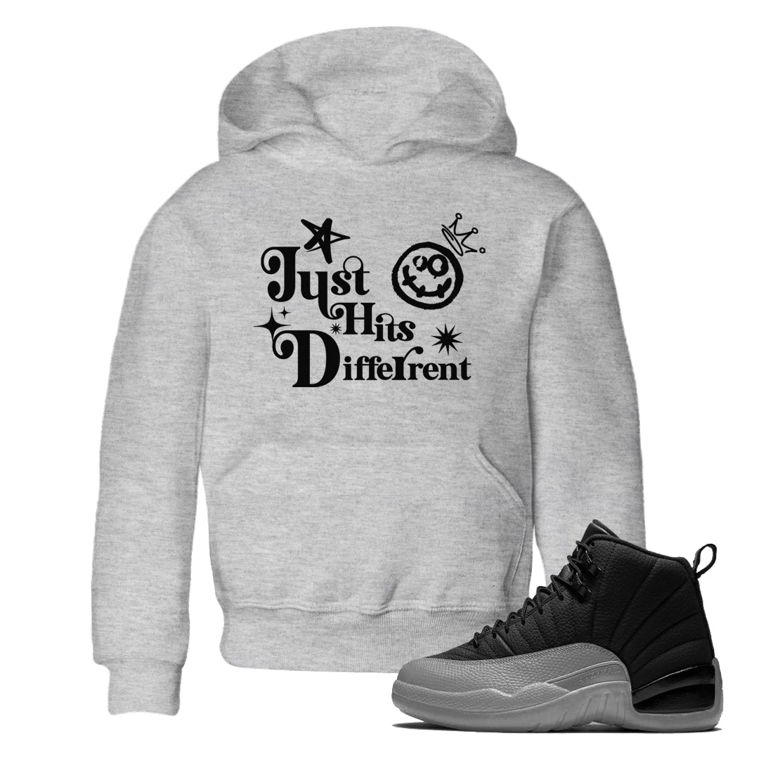 Just Hits Different snkmatch Tees Kids - Air Jordan 12 Black Wolf Grey