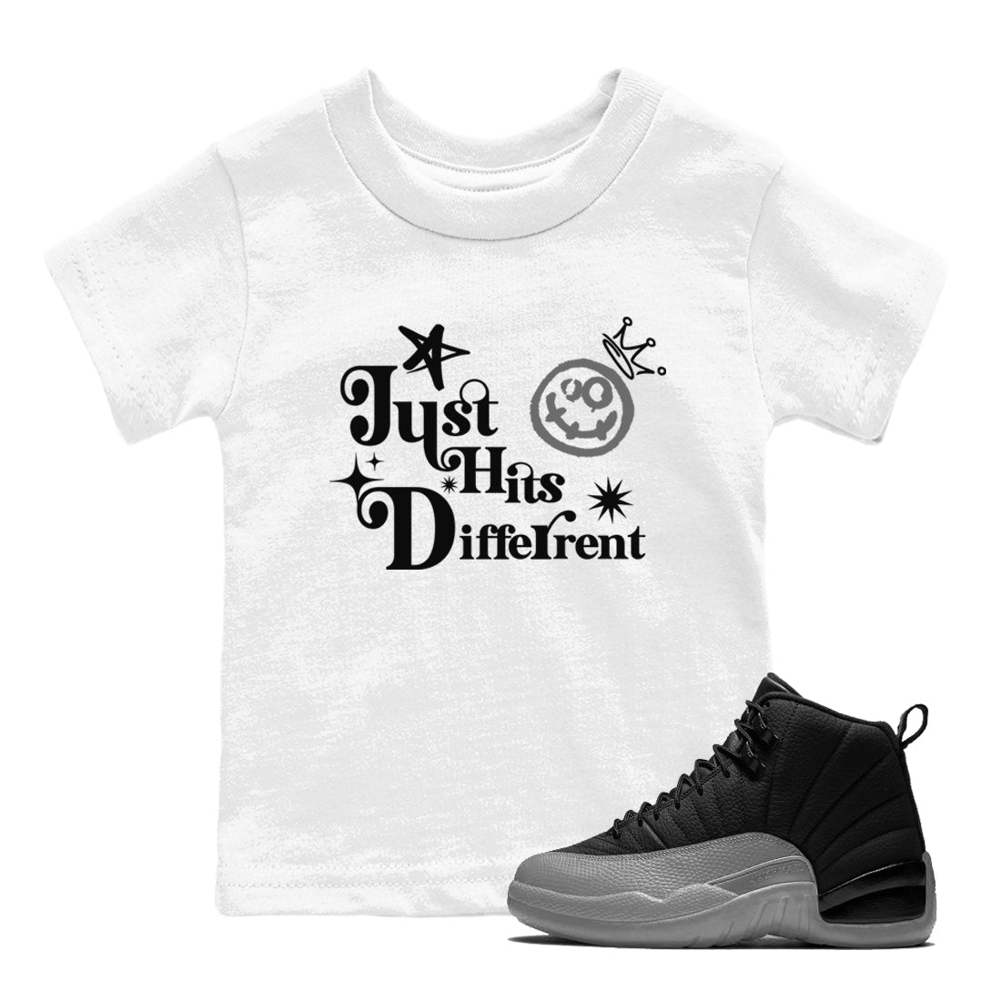 Just Hits Different snkmatch Tees Kids - Air Jordan 12 Black Wolf Grey