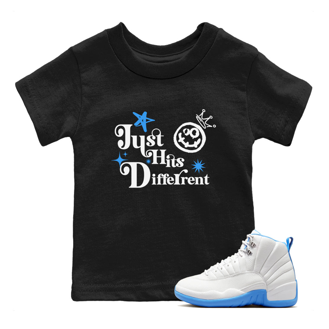 Just Hits Different snkmatch Tees Kids - Air Jordan 12 White and University Blue