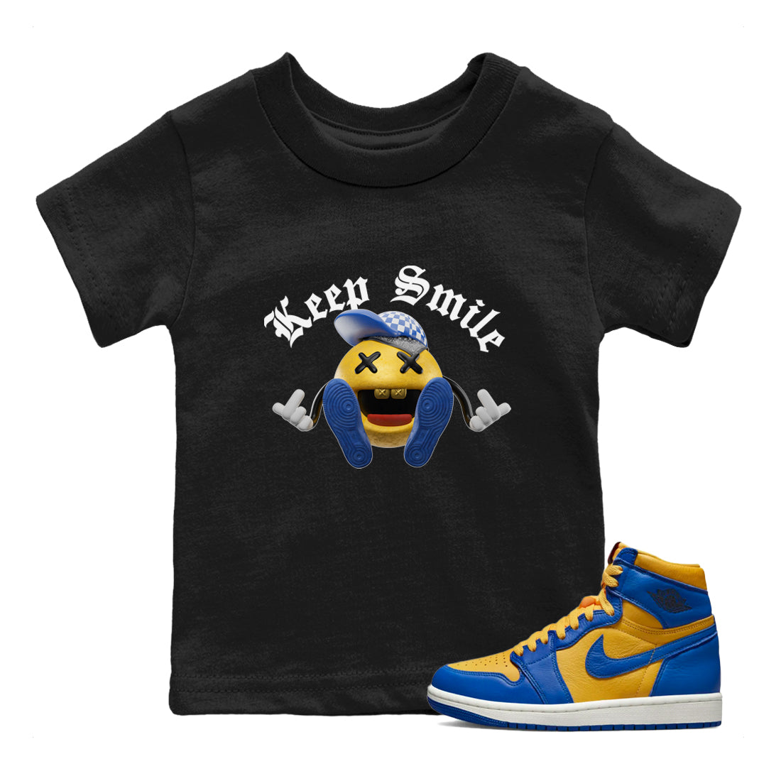 Keep Smiling Kids Tops - Air Jordan 1 Game Royal Varsity Maize