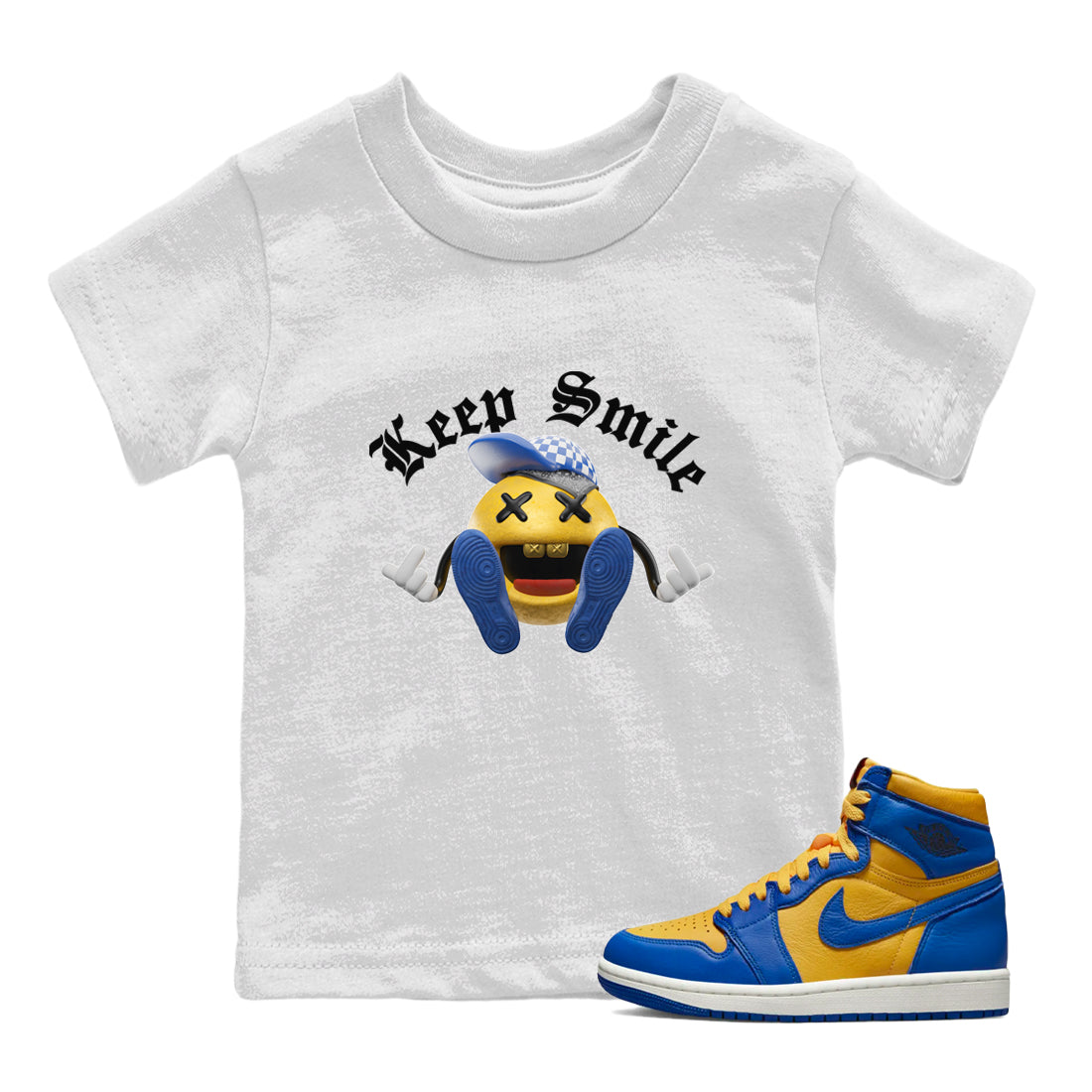 Keep Smiling Kids Tops - Air Jordan 1 Game Royal Varsity Maize