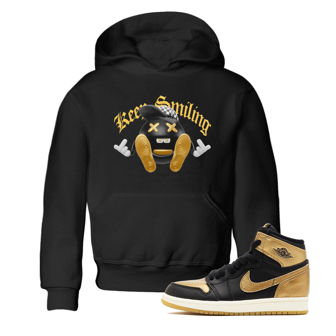 Keep Smiling snkmatch Tees Kids - Air Jordan 1 Black Metallic Gold