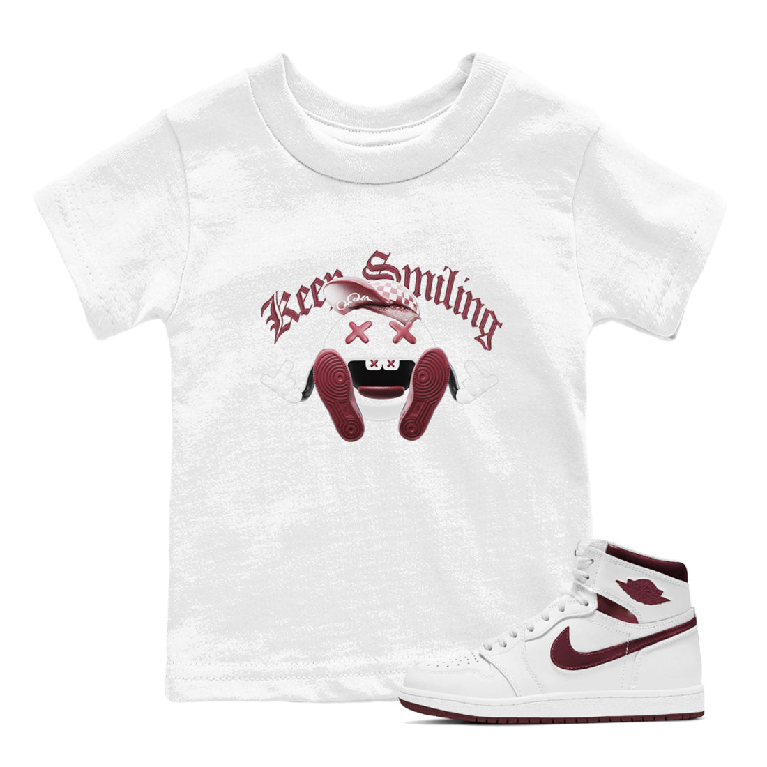 Keep Smiling snkmatch Tee Kids - Air Jordan 1 Metallic Burgundy