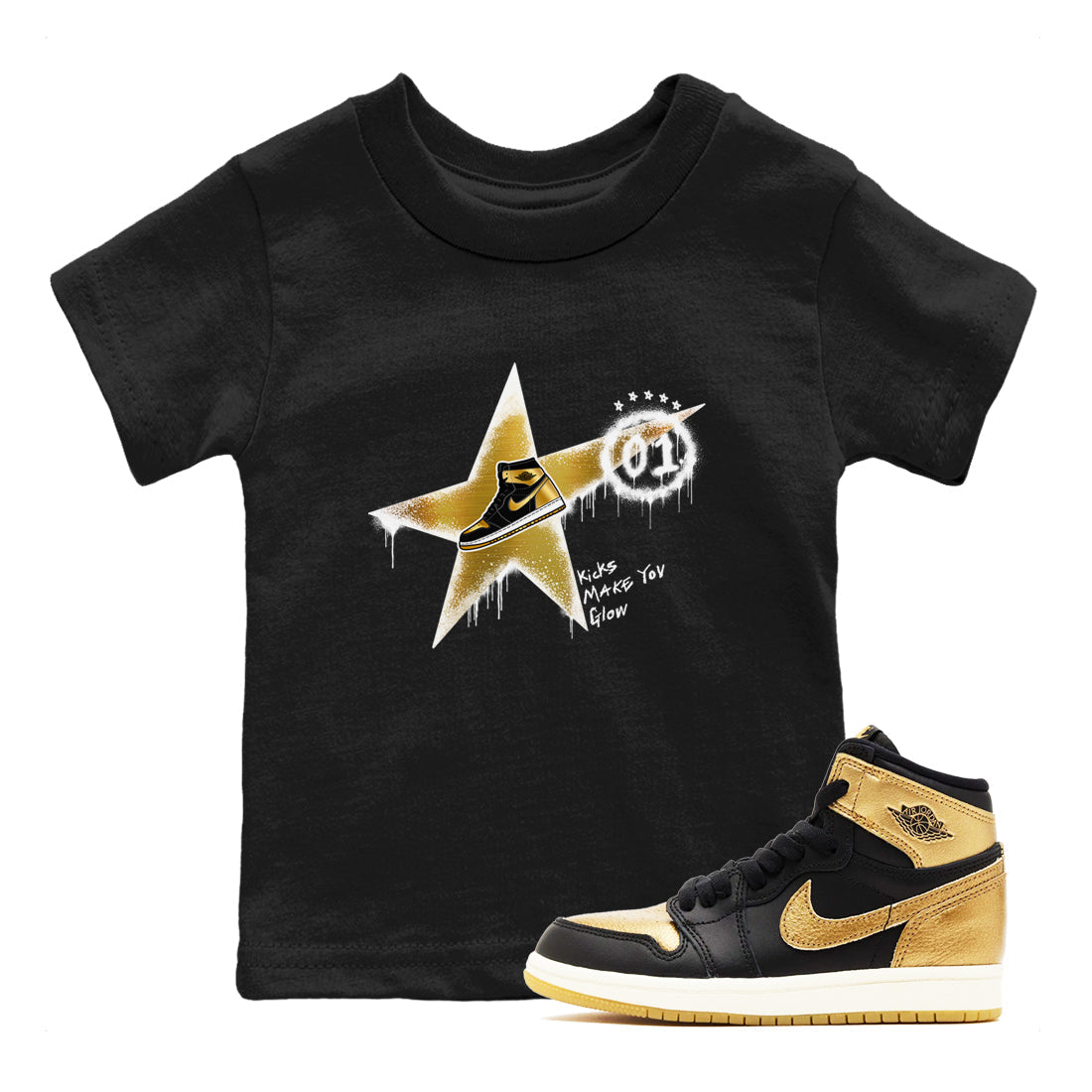 Kicks Make You Glow snkmatch Tees Kids - Air Jordan 1 Black Metallic Gold