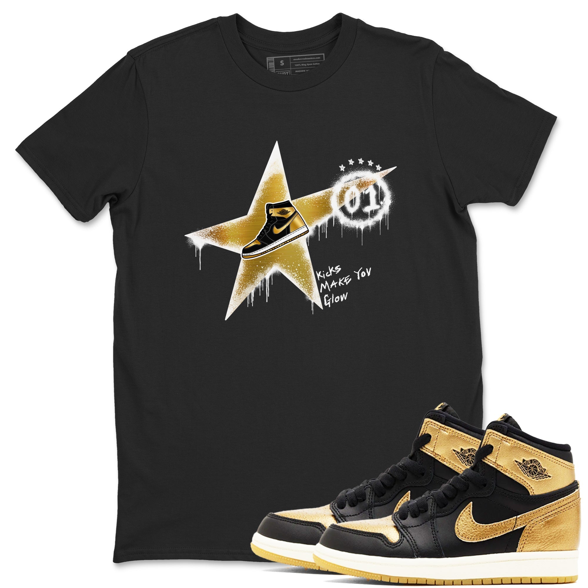 Kicks Make You Glow snkmatch Tees - Air Jordan 1 Black Metallic Gold