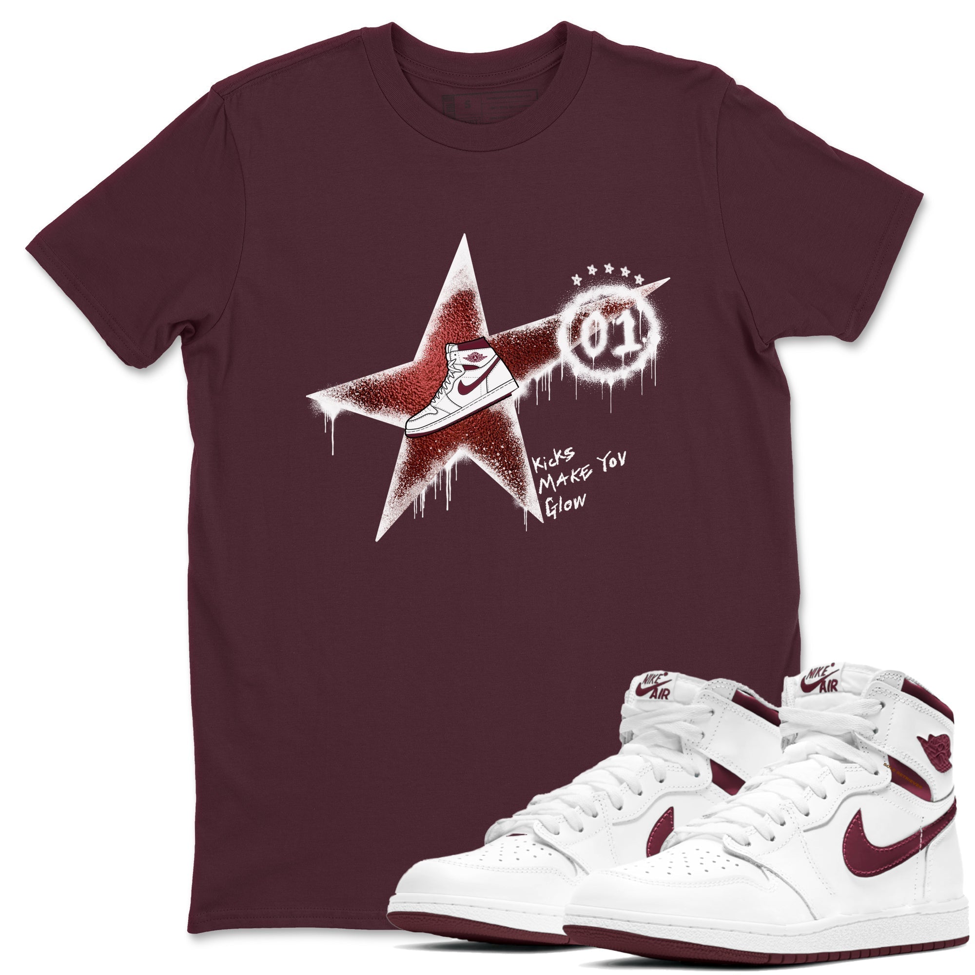 Kicks Make You Glow snkmatch Tees - Air Jordan 1 Metallic Burgundy