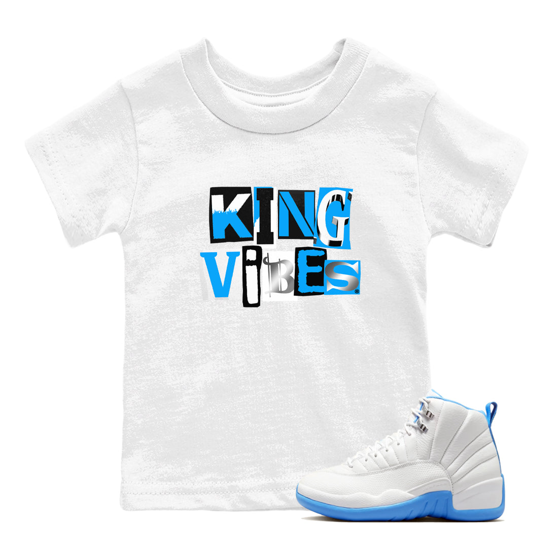 King Vibes snkmatch Tees Kids - Air Jordan 12 White and University Blue