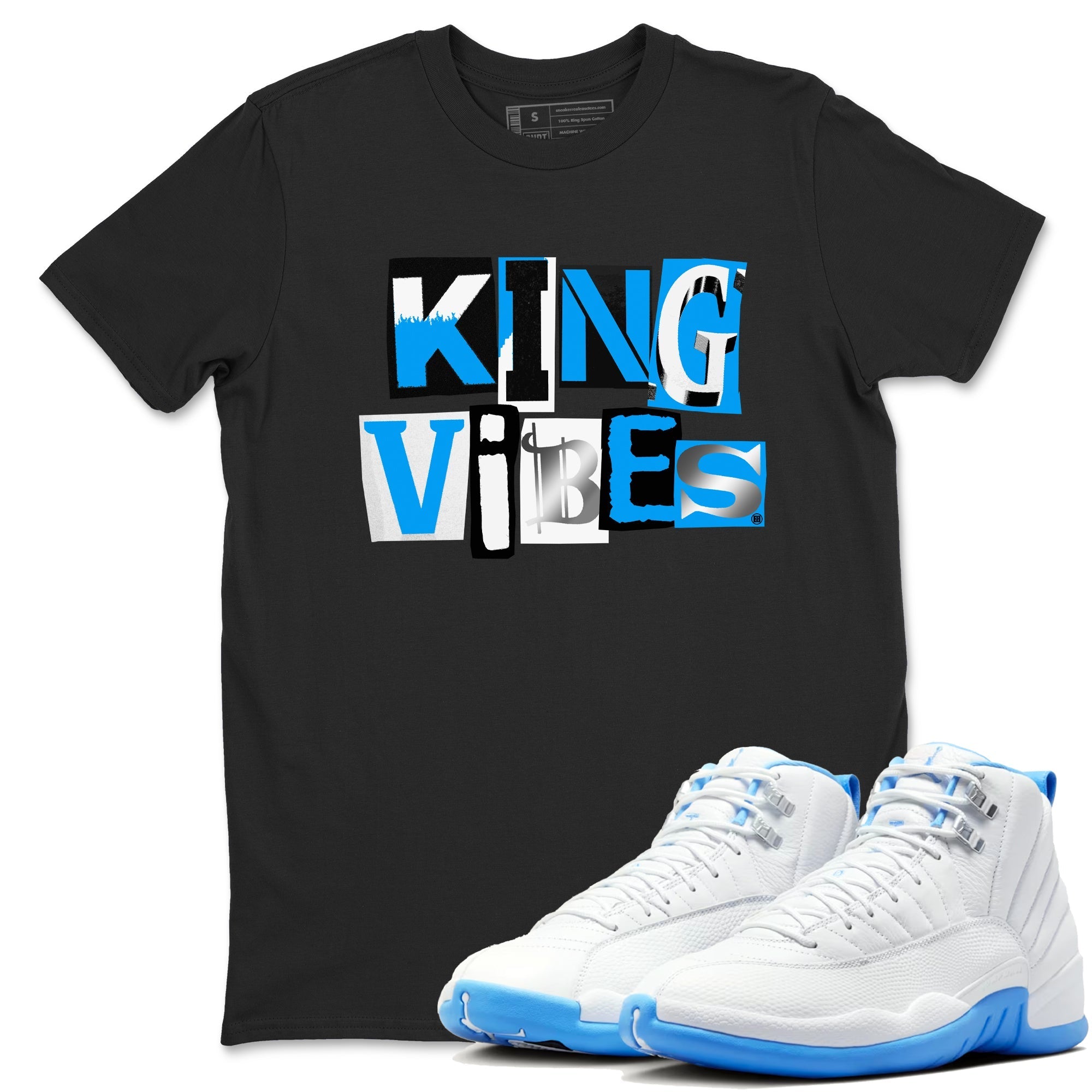 King Vibes snkmatch Tees - Air Jordan 12 White and University Blue
