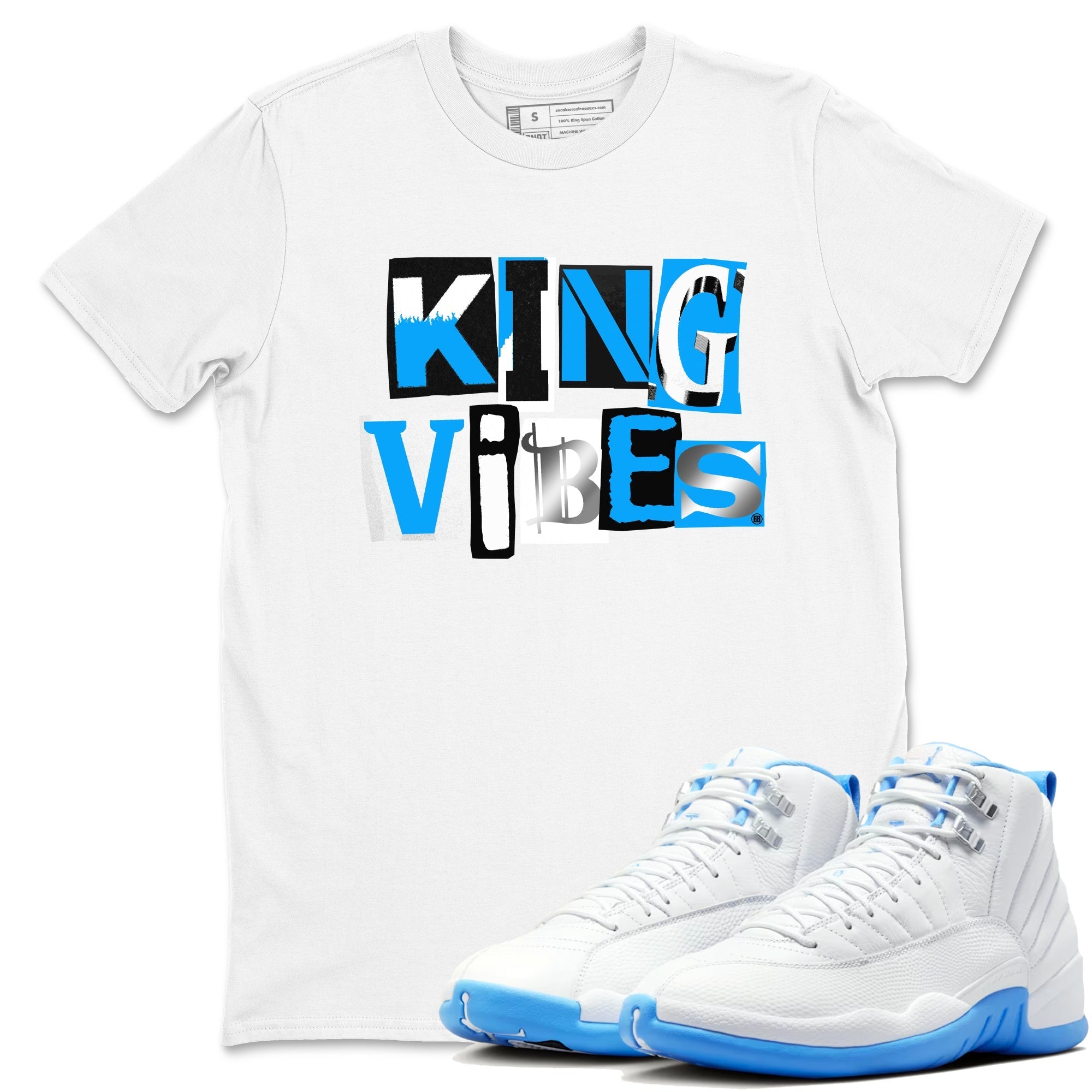 King Vibes snkmatch Tees - Air Jordan 12 White and University Blue