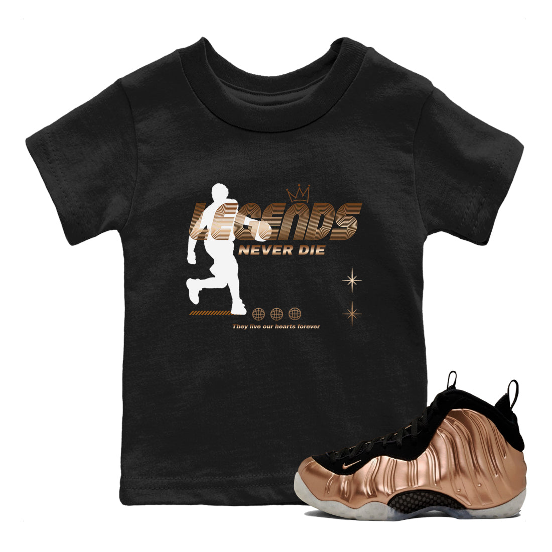 Legends Never Die snkmatch Tees Kids - Air Foamposite One Metallic Copper