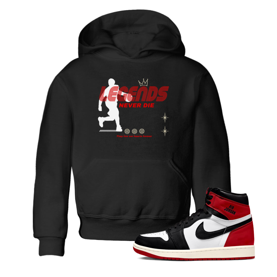 Legends Never Die snkmatch Tees Kids - Air Jordan 1 Black Toe Reimagined