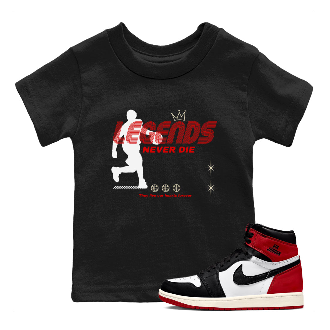 Legends Never Die snkmatch Tees Kids - Air Jordan 1 Black Toe Reimagined