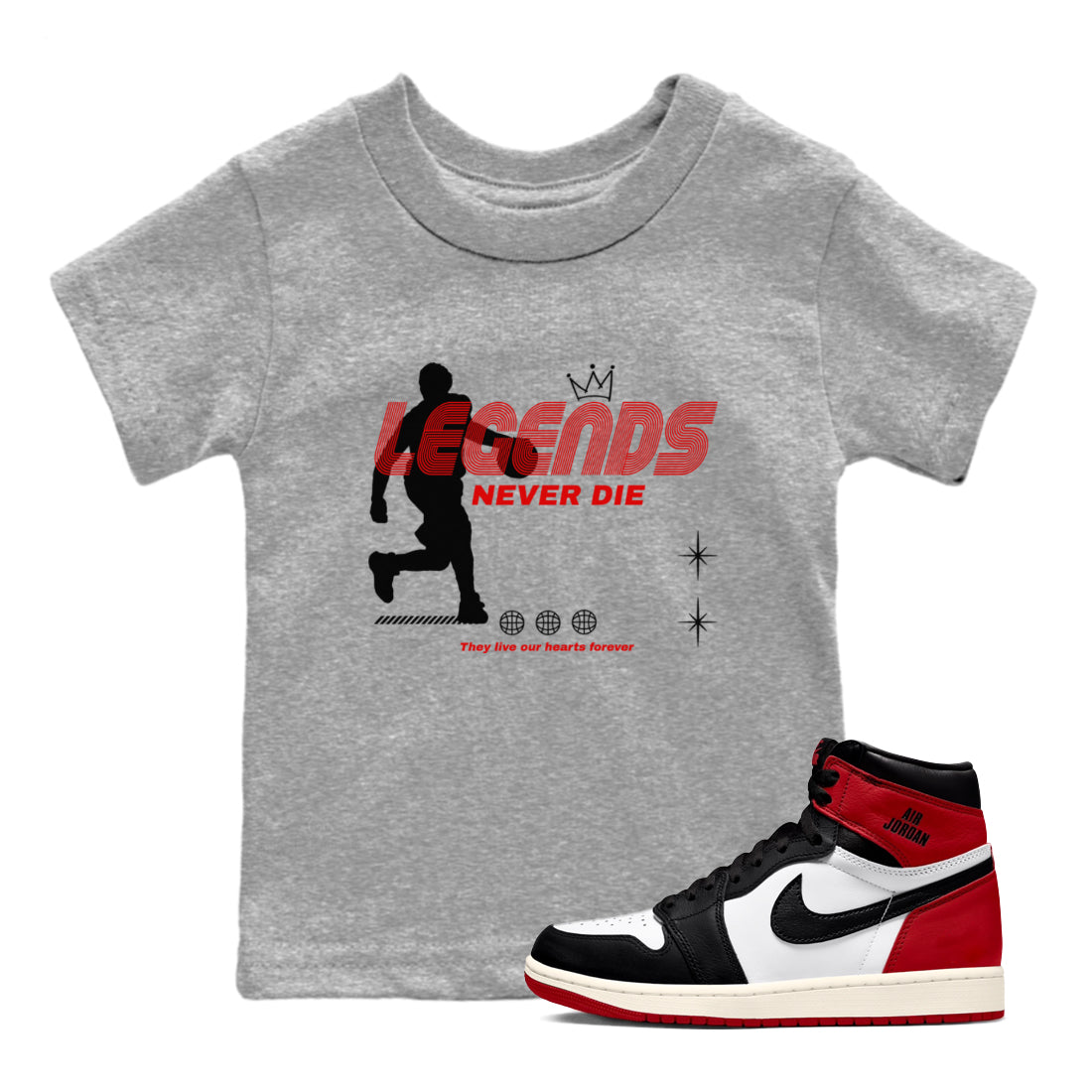 Legends Never Die snkmatch Tees Kids - Air Jordan 1 Black Toe Reimagined
