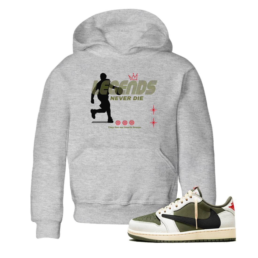 Legends Never Die snkmatch Tees Kids - Air Jordan 1 Travis Scott Medium Olive