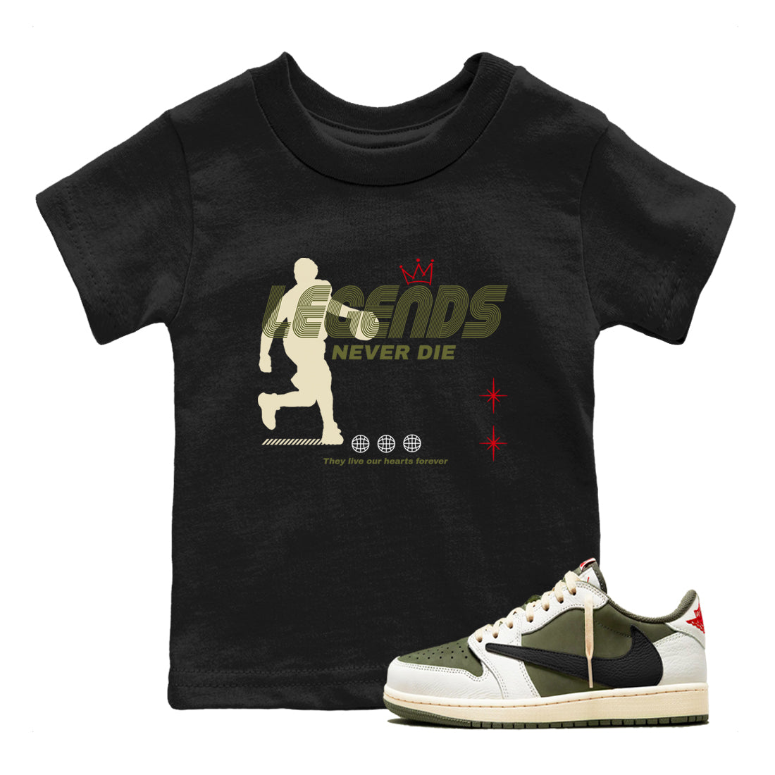 Legends Never Die snkmatch Tees Kids - Air Jordan 1 Travis Scott Medium Olive